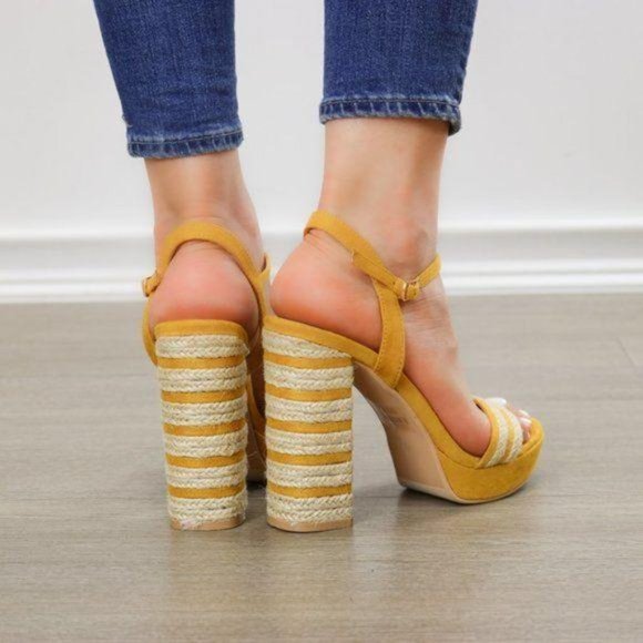 Espadrille Heel Yellow Open Toe Platform Sandal - Picture 8 of 11